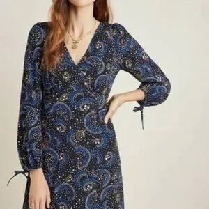 Maeve by Anthropologie Blue and Purple Paisley Long Sleeve Dress